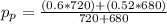 p_p =  \frac{(0.6 *  720) + ( 0.52 * 680)}{720 +680 }