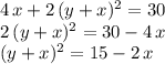 4\,x+2\,(y+x)^2=30\\2\,(y+x)^2=30-4\,x\\(y+x)^2=15-2\,x