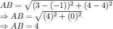 AB = \sqrt{(3-(-1))^2+(4-4)^2}\\\Rightarrow AB = \sqrt{(4)^2+(0)^2}\\\Rightarrow AB = 4