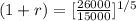(1+r)=[\frac{26000}{15000}]^{1/5}