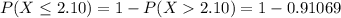 P(X \le 2.10 ) = 1 -  P(X   2.10 ) = 1 - 0.91069