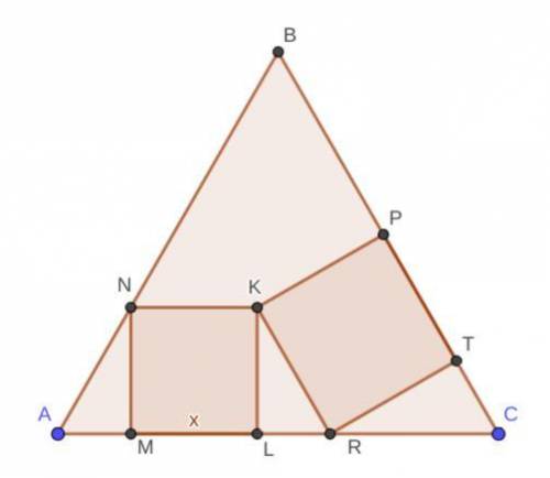 In a regular triangle ABC with side 1, two squares MNKL, RKPT are drawn such that points M, L, R are