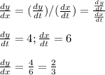 \frac{dy}{dx} = (\frac{dy}{dt} )/(\frac{dx}{dt} )=\frac{\frac{dy}{dt} }{\frac{dx}{dt}} \\\\\frac{dy}{dt}  = 4; \frac{dx}{dt} = 6\\\\\frac{dy}{dx} =\frac{4}{6} = \frac{2}{3}