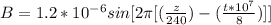 B=1.2* 10^{-6} sin [2\pi[(\frac{z}{240} ) - ( \frac{t * 10^7}{8} ) ] ]