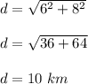 d=\sqrt{6^2+8^2} \\\\d=\sqrt{36+64}\\ \\d=10\ km
