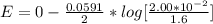E =  0  -  \frac{0.0591}{2}  * log[\frac{ 2.00*10^{-2}}{1.6} ]