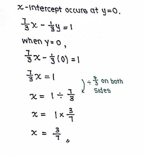 Find the x and y intercepts of 7/3x-1/3y=1