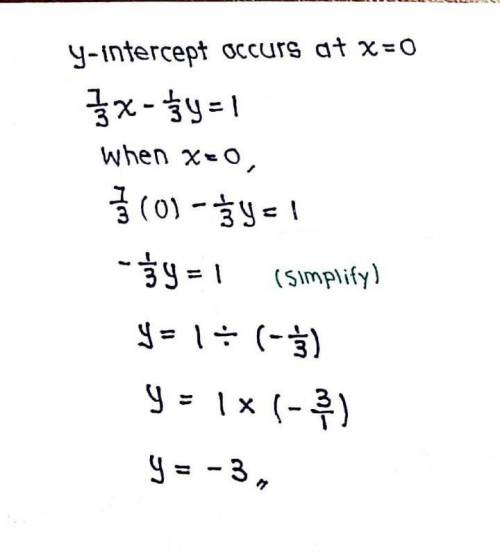 Find the x and y intercepts of 7/3x-1/3y=1