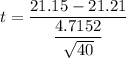 t = \dfrac{21.15- 21.21  }{\dfrac{4.7152}{\sqrt{40}}}