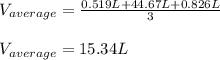 V_{average}=\frac{0.519L+44.67L+0.826L}{3} \\\\V_{average}=15.34L