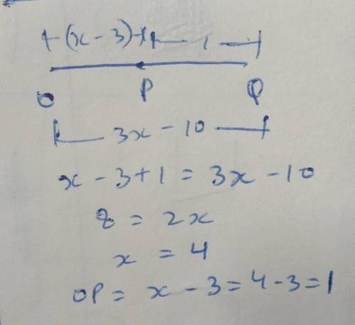 Point Pis on line segment OQ. Given OP = x – 3, PQ = 1, and

OQ = 3x – 10, determine the numerical l