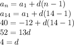 a_{n}=a_1+d(n-1)\\a_{14}=a_1+d(14-1)\\40=-12+d(14-1)\\52 = 13d\\4=d
