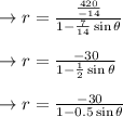 \to r=\frac{\frac{420}{-14}}{1- \frac{7}{14} \sin \theta}\\\\\to r=\frac{ -30 }{1- \frac{1}{2} \sin \theta}\\\\\to r=\frac{ -30 }{1-  0.5 \sin \theta}\\\\