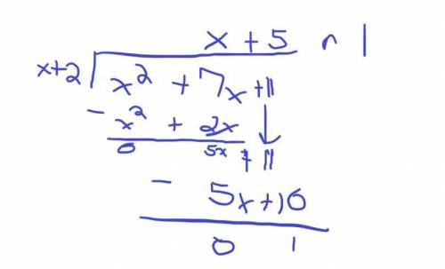 Divide. (x^2+7x+11) + (x+2) Your answer should give the quotient and the remainder. Quotient: Remain