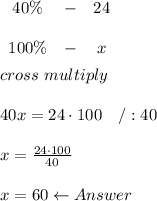 \begin{array}{ccc}40\%&-&24\\\\100\%&-&x\end{array}\\\\cross\ multiply\\\\40x=24\cdot100\ \ \ /:40\\\\x=\frac{24\cdot100}{40}\\\\x=60\leftarrow Answer