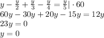 y-\frac{y}{2}+\frac{y}{3}-\frac{y}{4}=\frac{y}{5}|\cdot60\\&#10;60y-30y+20y-15y=12y\\&#10;23y=0\\&#10;y=0&#10;&#10;&#10;