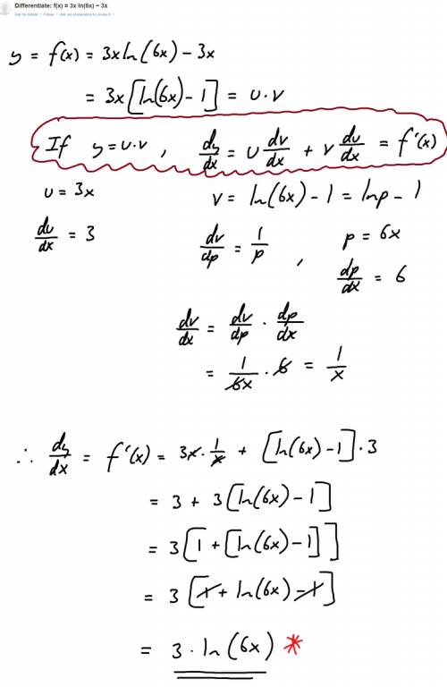 Differentiate: f(x) = 3x ln(6x) − 3x