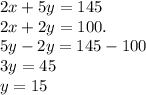 2x+5y= 145 \\ 2x+2y=100.&#10; \\ 5y-2y= 145-100 \\ 3y=45 \\ y=15