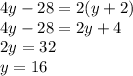 4y-28=2(y+2)\\&#10;4y-28=2y+4\\&#10;2y=32\\&#10;y=16