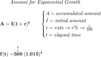 \bf \qquad \textit{Amount for Exponential Growth}\\\\&#10;A=I(1 + r)^t\qquad &#10;\begin{cases}&#10;A=\textit{accumulated amount}\\&#10;I=\textit{initial amount}\\&#10;r=rate\to r\%\to \frac{r}{100}\\&#10;t=\textit{elapsed time}\\&#10;\end{cases}&#10;\\\\\\&#10;f(t)=\stackrel{\stackrel{I}{\downarrow }}{500}(1.015)^t