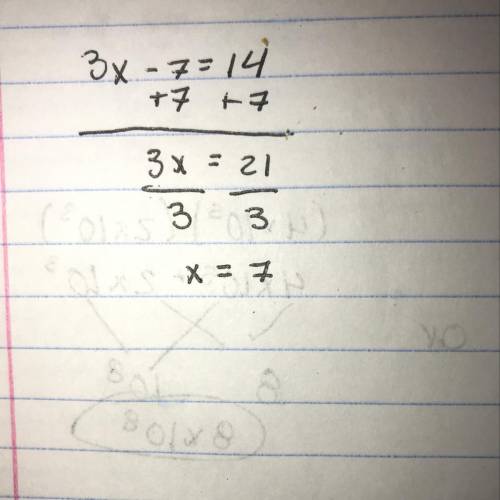 7 less than three times Heather's

age is 14. Write an equation and
solve to find Heather's age.