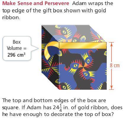 Adam wraps the top edge of the gift box shown with gold ribbon. The top and bottom edges of the box