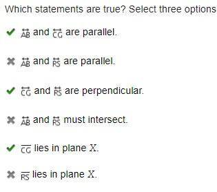 Planes X and Y intersect at a right angle. Line A B and Line C G lie in plane X and do not intersect
