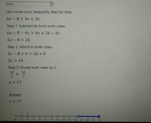 Solve the inequality 6x - 8 > 4x + 26.

A. x < 9B. x < 17C. x > 9D. x > 17