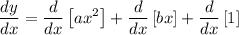 \displaystyle \frac{dy}{dx}=\frac{d}{dx}\left[ax^2\right]+\frac{d}{dx}\left[bx\right]+\frac{d}{dx}\left[1\right]