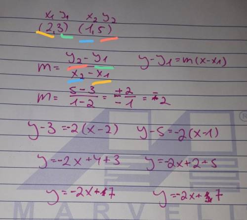 Write an equation in point slope form for a line that passes through (2,3) (1,5)