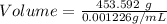 Volume = \frac{453.592\ g}{0.001226 g/mL}