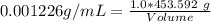0.001226 g/mL = \frac{1.0 * 453.592\ g}{Volume}
