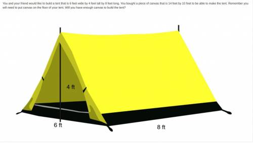 You and your friend would like to build a tent that is 6 feet wide by 4 feet tall by 8 feet long. Yo