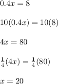 0.4x=8\\\\10(0.4x)=10(8)\\\\4x=80\\\\\frac{1}{4}(4x) =\frac{1}{4} (80)\\\\x=20