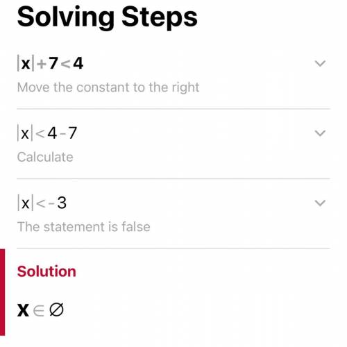 Solve |x| + 7 < 4 i still need help