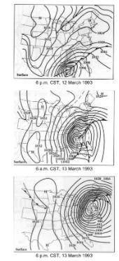 The figures below are surface weather maps from Superstorm 1993, which produced blizzard conditions