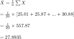 \bar X=\frac{1}{n}\sum X\\\\=\frac{1}{20}\times [25.01+25.87+...+30.88]\\\\=\frac{1}{20}\times 557.87\\\\=27.8935