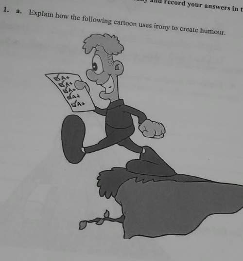 How does a cartoon holding his exams result uses irony to create humour? any pls