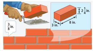Pl . a mason will lay rows of bricks to build a wall. the mason will spread 3/8 inch of
