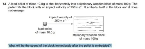 Alead pellet of mass 10.0g is shot horizontally into a stationary wooden block of mass 100g. the pel