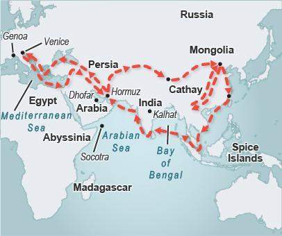 Based on the map, where does marco polo go after he visits hormuz and continues to travel east? sel