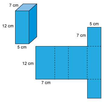 Look at this prism and its net. rectangular prism with length labeled 5 meters, width labeled 7 mete