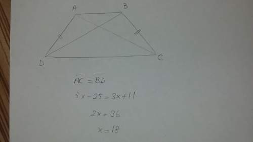If abcd is an isosceles trapezoid, what is the value of x? ac=5x-25 bd=3x+11