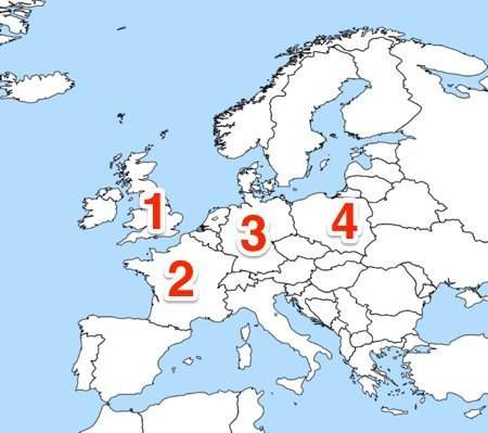 Which number represents the country of france?  a) 1  b) 2  c) 3  d) 4