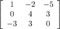 \left[\begin{array}{ccc}1&-2&-5\\0&4&3\\-3&3&0\end{array}\right]