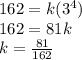 162 = k(3^4)\\162 = 81k\\k=\frac{81}{162}