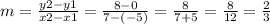 m = \frac{y2 -y1}{x2 - x1} = \frac{8-0}{7- (-5)}  = \frac{8}{7+5} = \frac{8}{12} = \frac{2}{3}