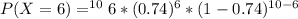 P(X = 6) =  ^{10}6 * (0.74)^{6}* (1-0.74)^{10-6}