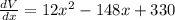 \frac{dV}{dx}=12x^2-148x+330