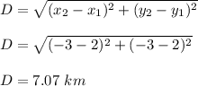 D=\sqrt{(x_2-x_1)^2+(y_2-y_1)^2}\\\\D=\sqrt{(-3-2)^2+(-3-2)^2}\\\\D=7.07\ km